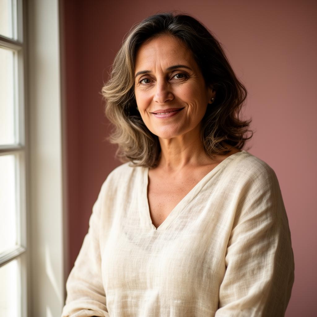 Mulher serena junto à janela